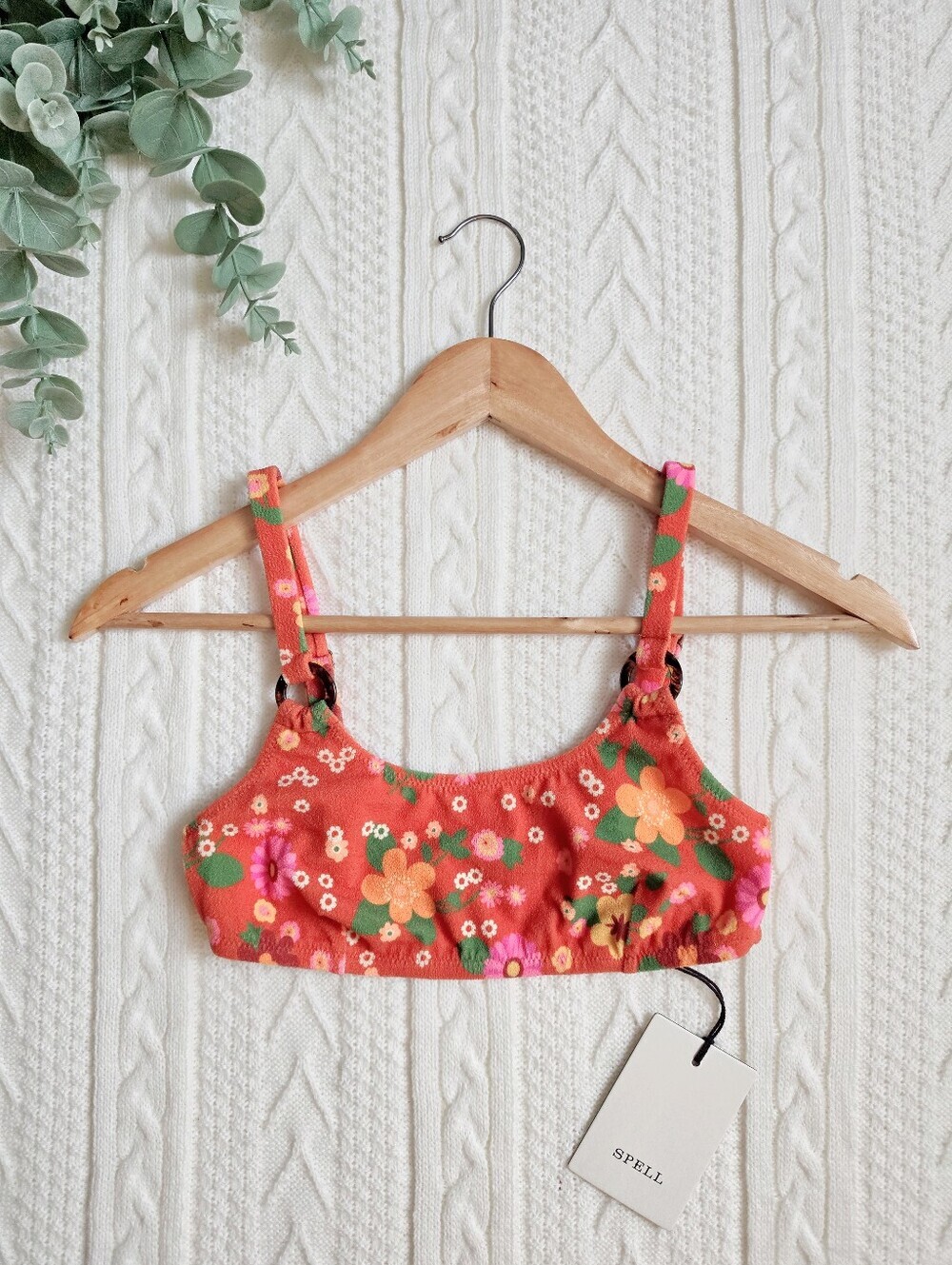 Spell Pomelia Ring Scoop Top Bikini Swim Retro Floral Stretch Lined Small NEW